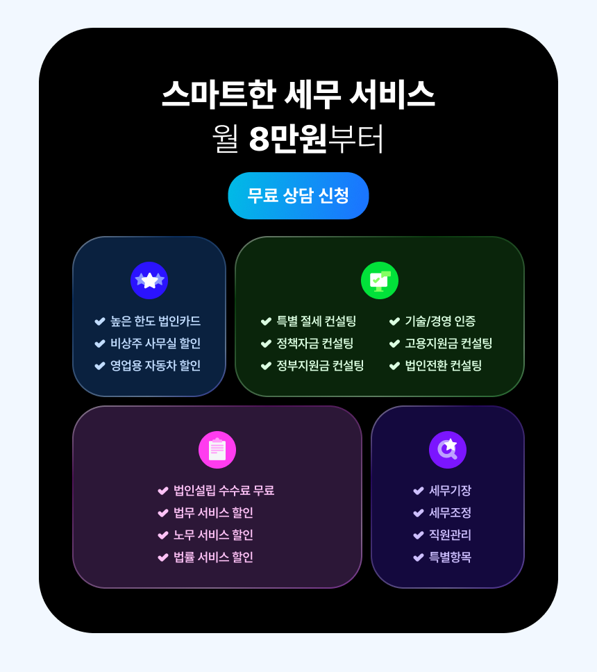 세무 기장 프리미엄 서비스 80,000원/월, 세무 기장 3개월 무료, 월 기장료 20% 할인